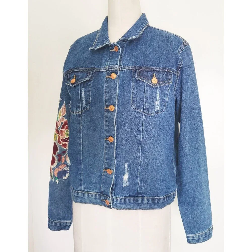 Glamorous Womens Denim Jean Jacket with Floral Embroidery 14